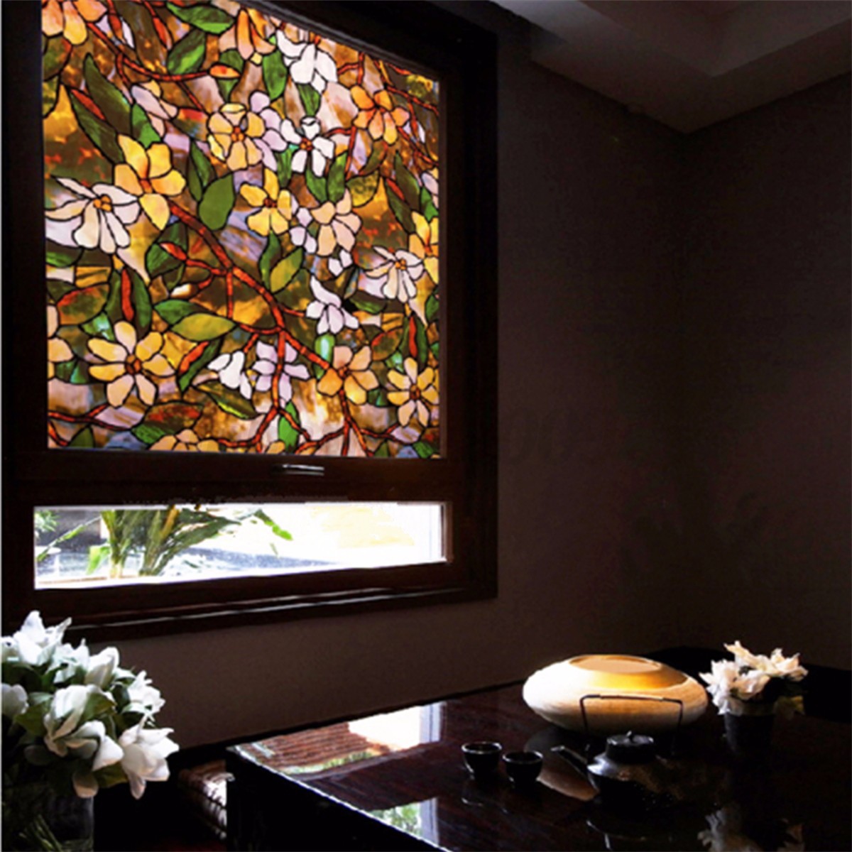 Magnolia Flowers Static Cling Stained Glass Window Film ...