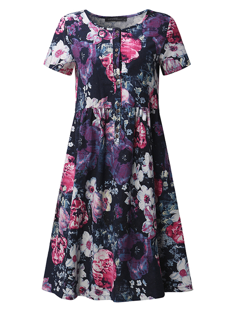 Zanzea Women Vintage Floral Print Summer Knee Length Short Sleeve Dress