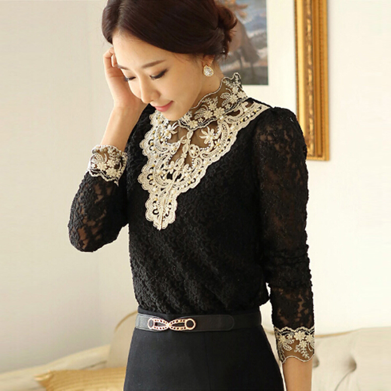 S-XXL Ladies Turtleneck Floral Sheer Lace Pullover Top Puff Sleeve ...