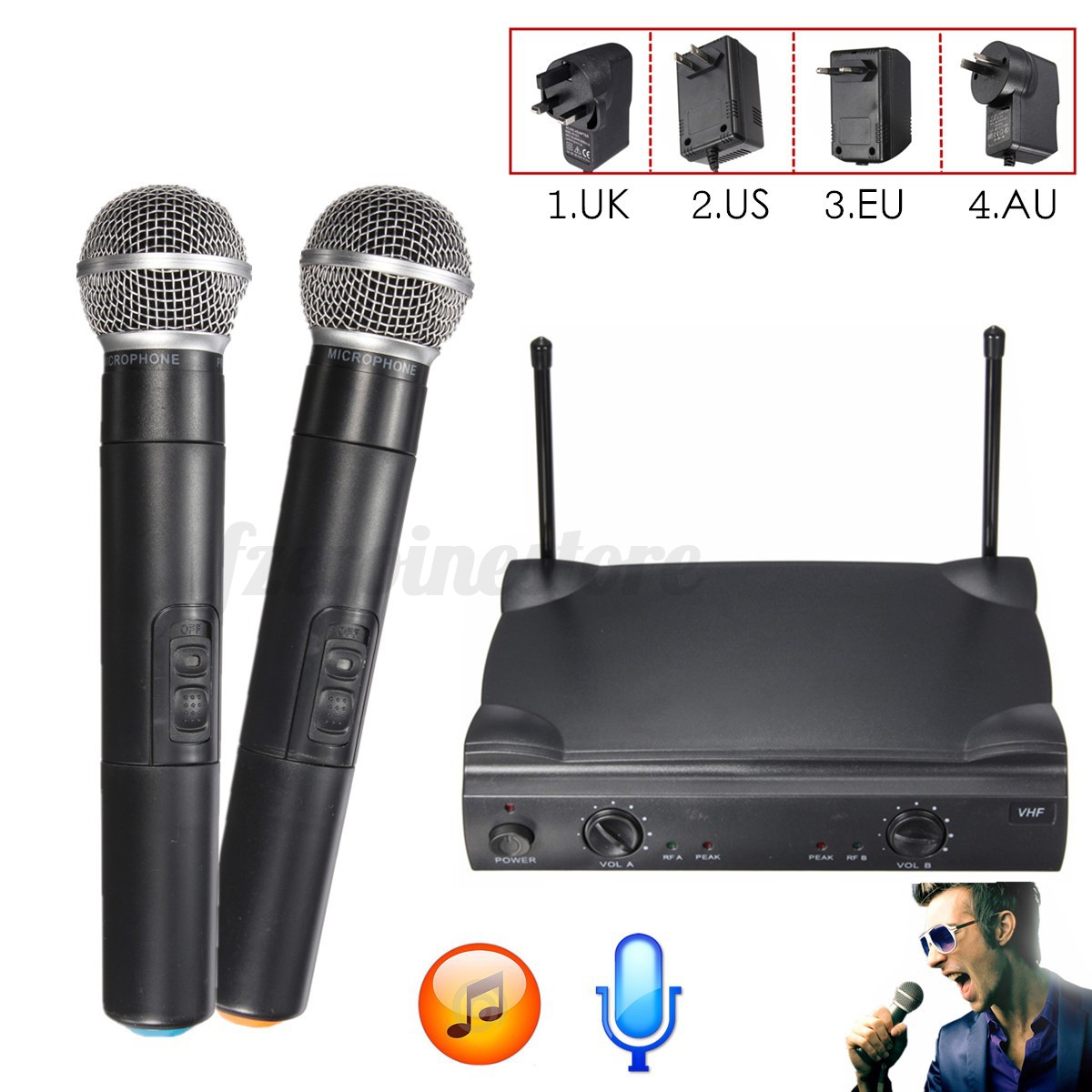 Wireless Dual Channel VHF Professional Handheld Microphone System 2 Mic