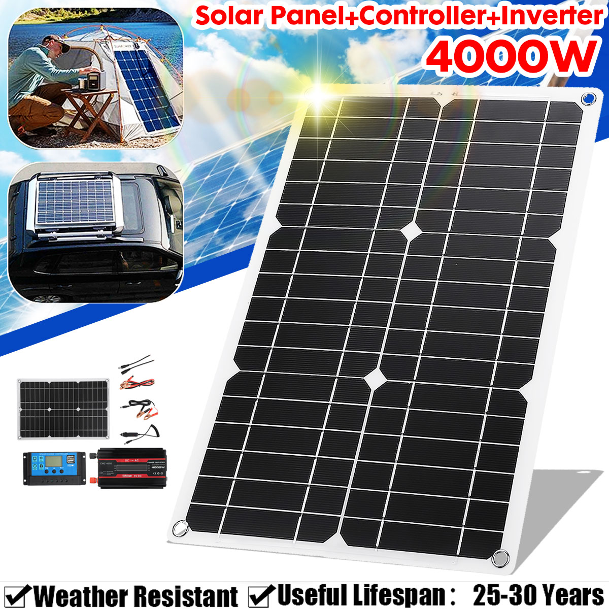12V/24V Solar Panel System Kit Charge Controller 4000W Inverter Battery