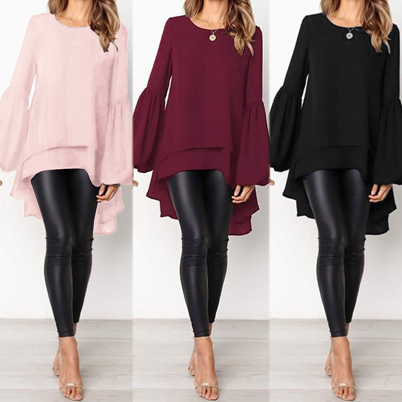 UK Women Elastic Puff Sleeve Double Layer Tops Shirts High Low Blouses  Pullover