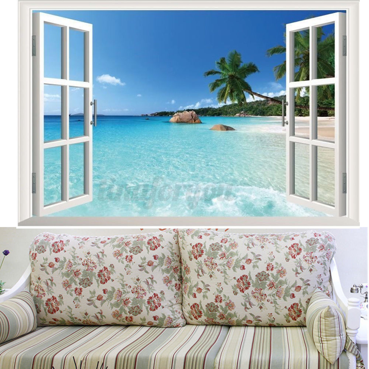 Beach Window View Scenery  3D Wall Stickers Vinyl Art Mural 