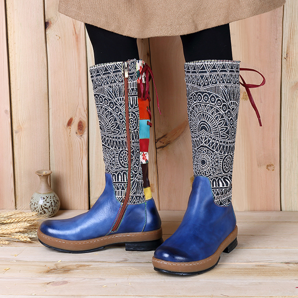 socofy bohemian splicing pattern flat leather knee boots