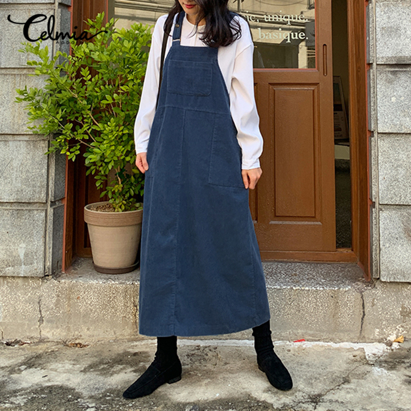 Women's Corduroy Pinafore Dungaree Strappy A-Line Dress Loose Maxi Skirt  Dress