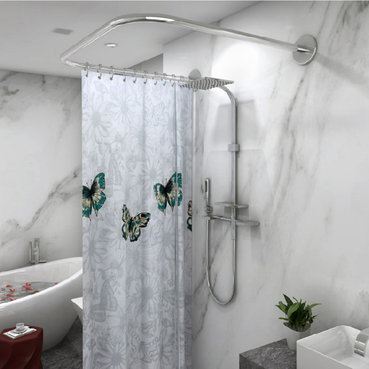 Stainless Steel Adjustable Curved Shower Curtain Rod U Shape Bath Room