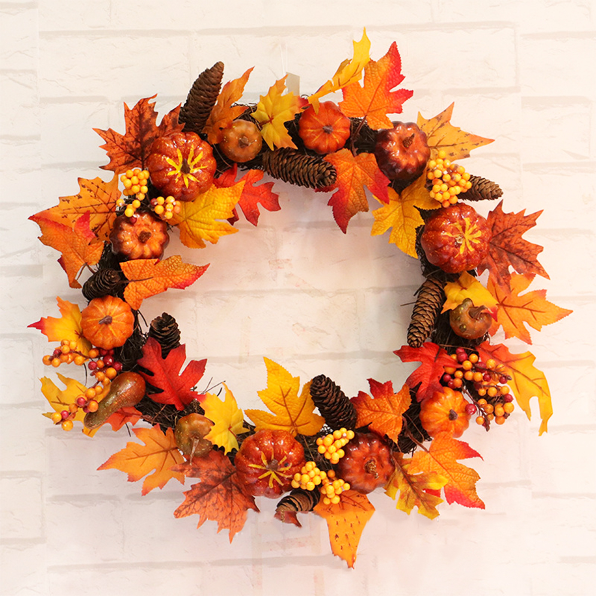 Details About 60cm Christmas Maple Leaves Pumpkin Berry Wreath Garland Door Hanging