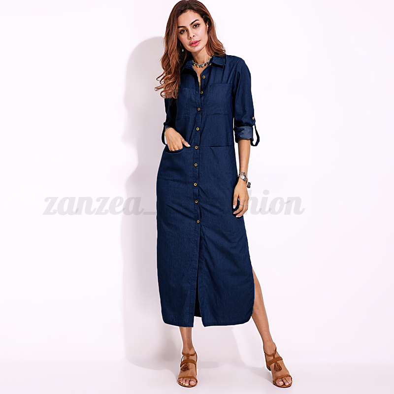 ZANZEA Women Long  Sleeve  Denim  Blue  Buttons Long  Shirt  