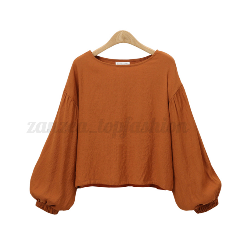 round neck loose fitting plain puff sleeve blouses