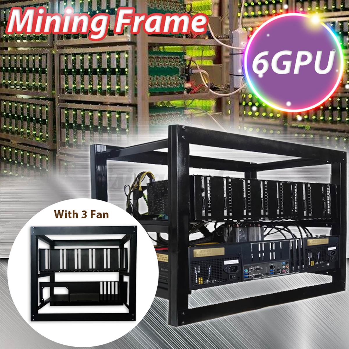 6GPU For 3 Fans Bitcoin Mining Rig Aluminum Stackable Case ...