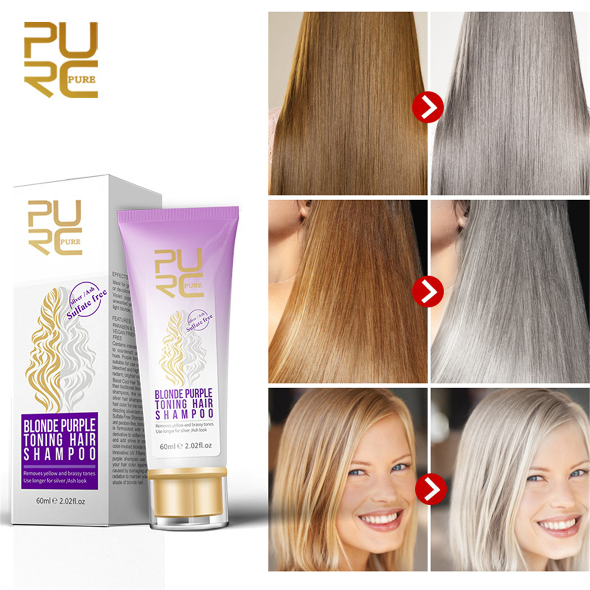 60ml Purc Blonde Purple Hair Shampoo Remove Yellow Brassy Tones