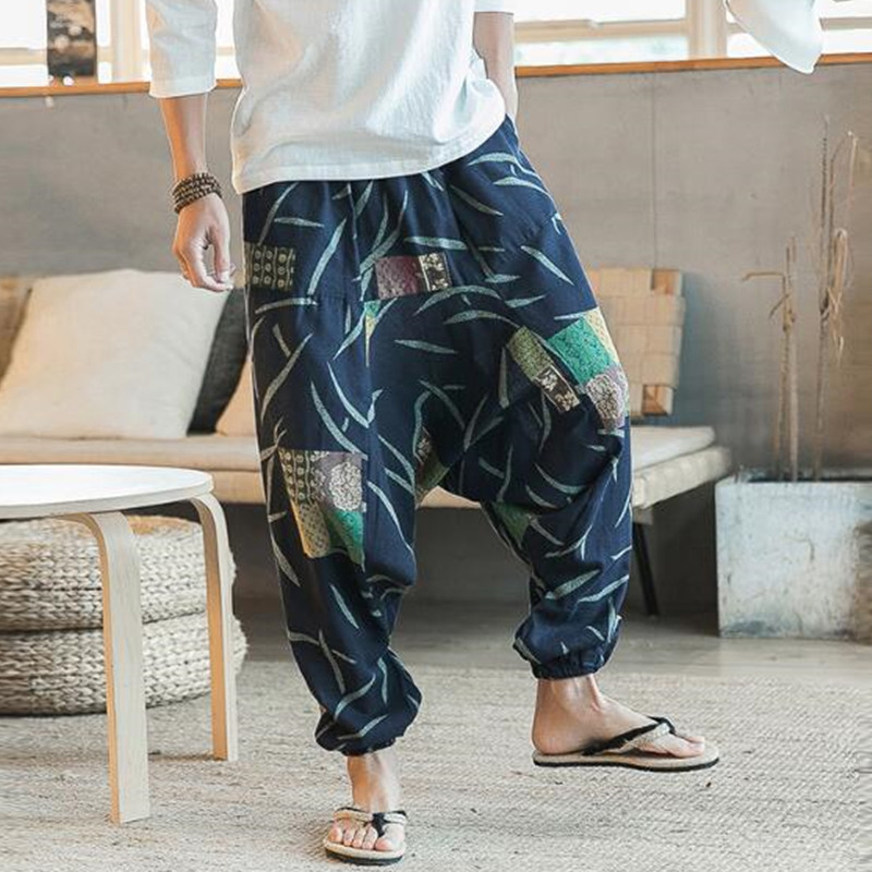 UK STOCK Mens 100 Cotton Trousers Floral Drop Crotch Pants Yoga