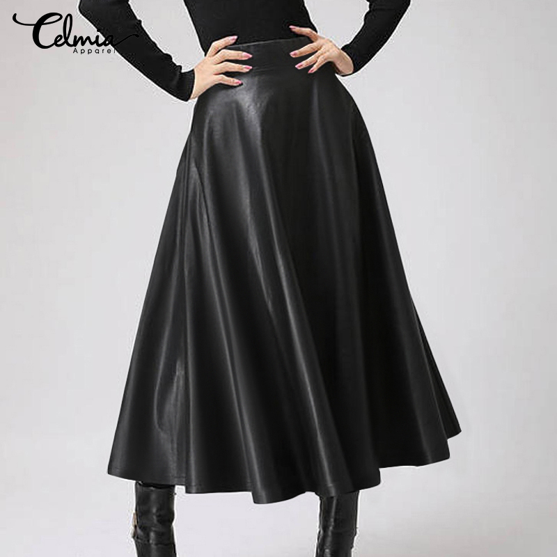 Winter Womens Lining Wet Look Leather Maxi A-Line Skirt Party OL