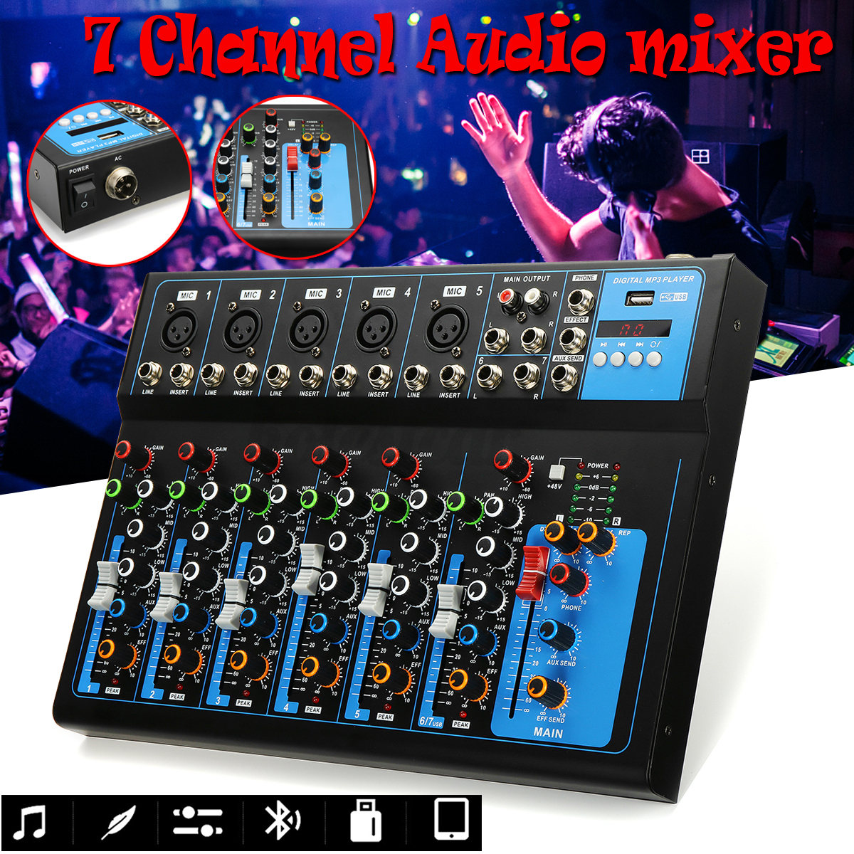 7- Channels bluetooth Audio Mixer USB MP3 Karaoke Music DJ Stereo Mixing Console