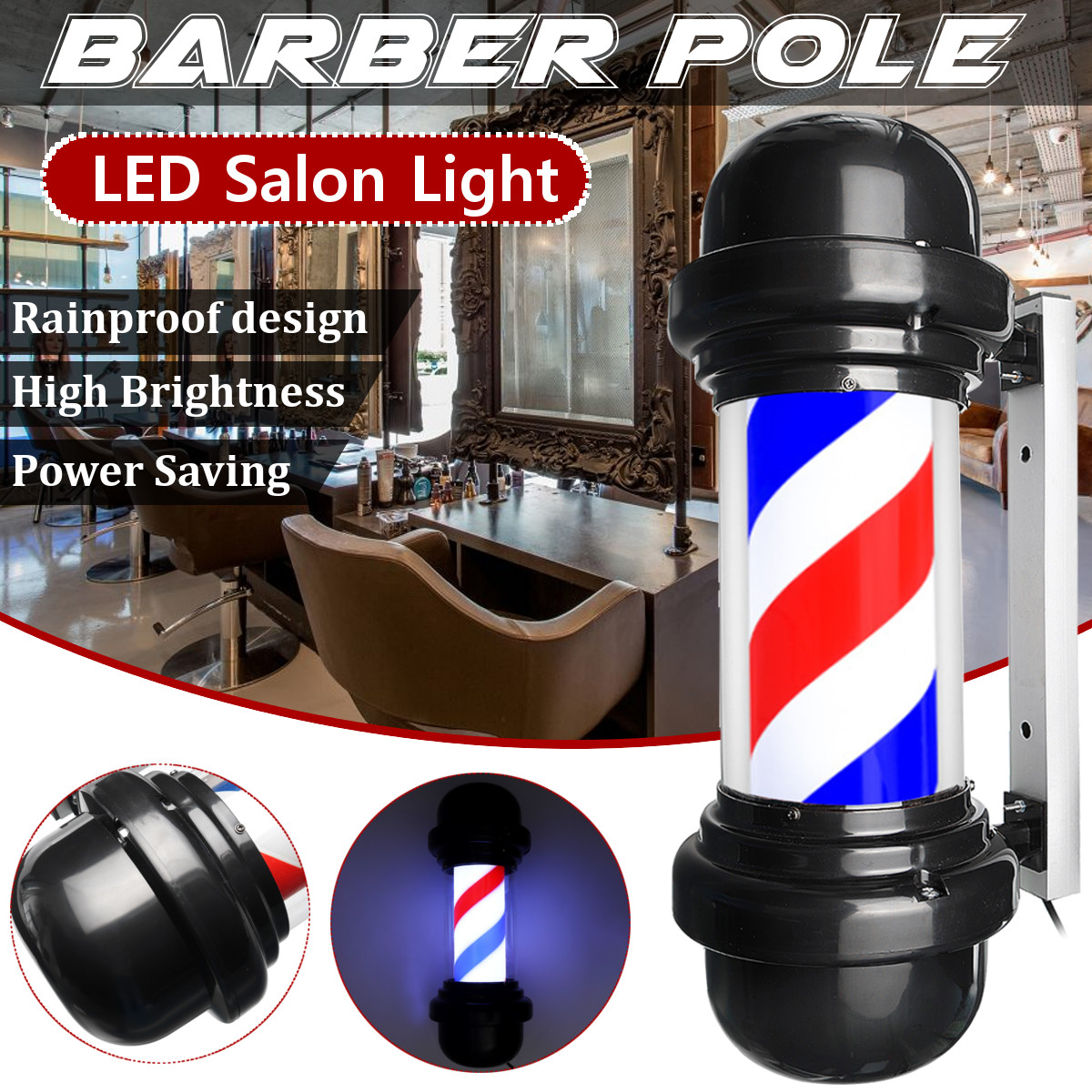 20 Barber Pole Led Light Red White Blue Stripes Rotating Hair