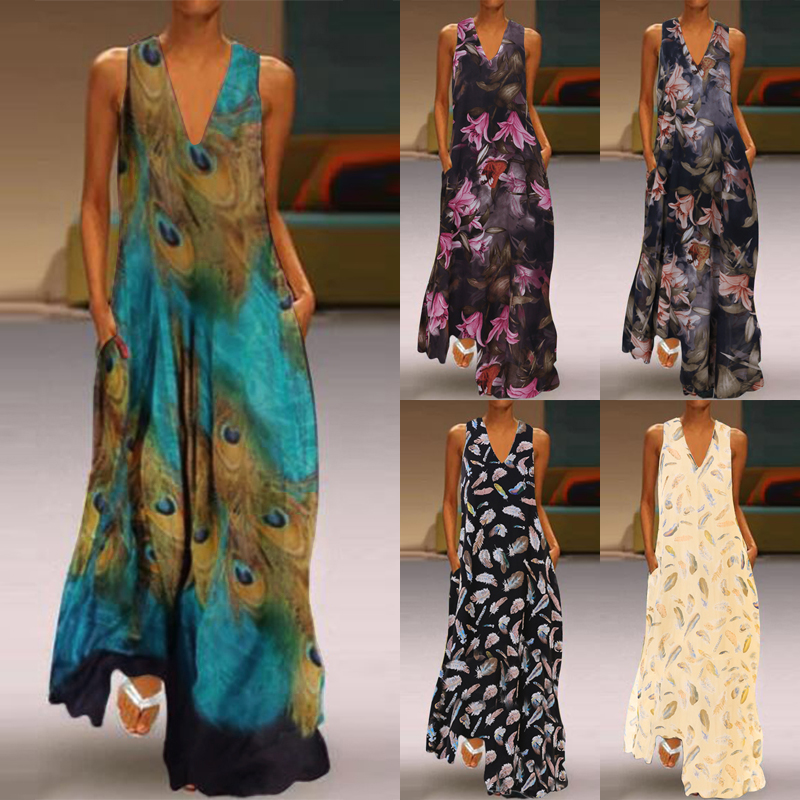 peacock print maxi dress