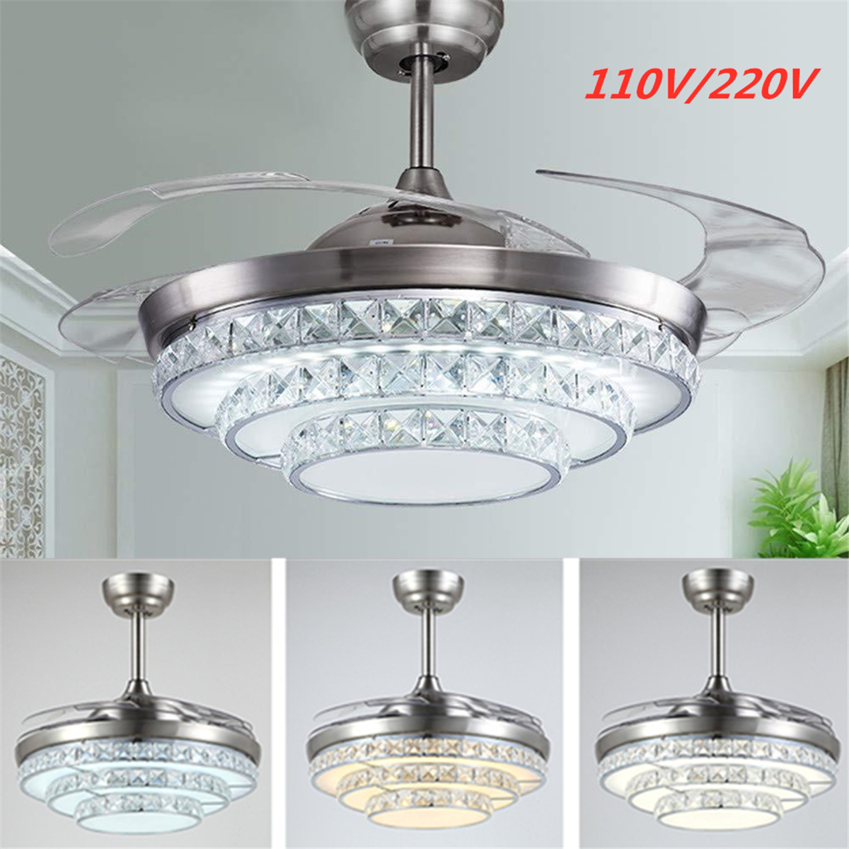 Details About 42 Ceiling Fan Blade Crystal Chandelier Pendant Light Bedroom Dining Room