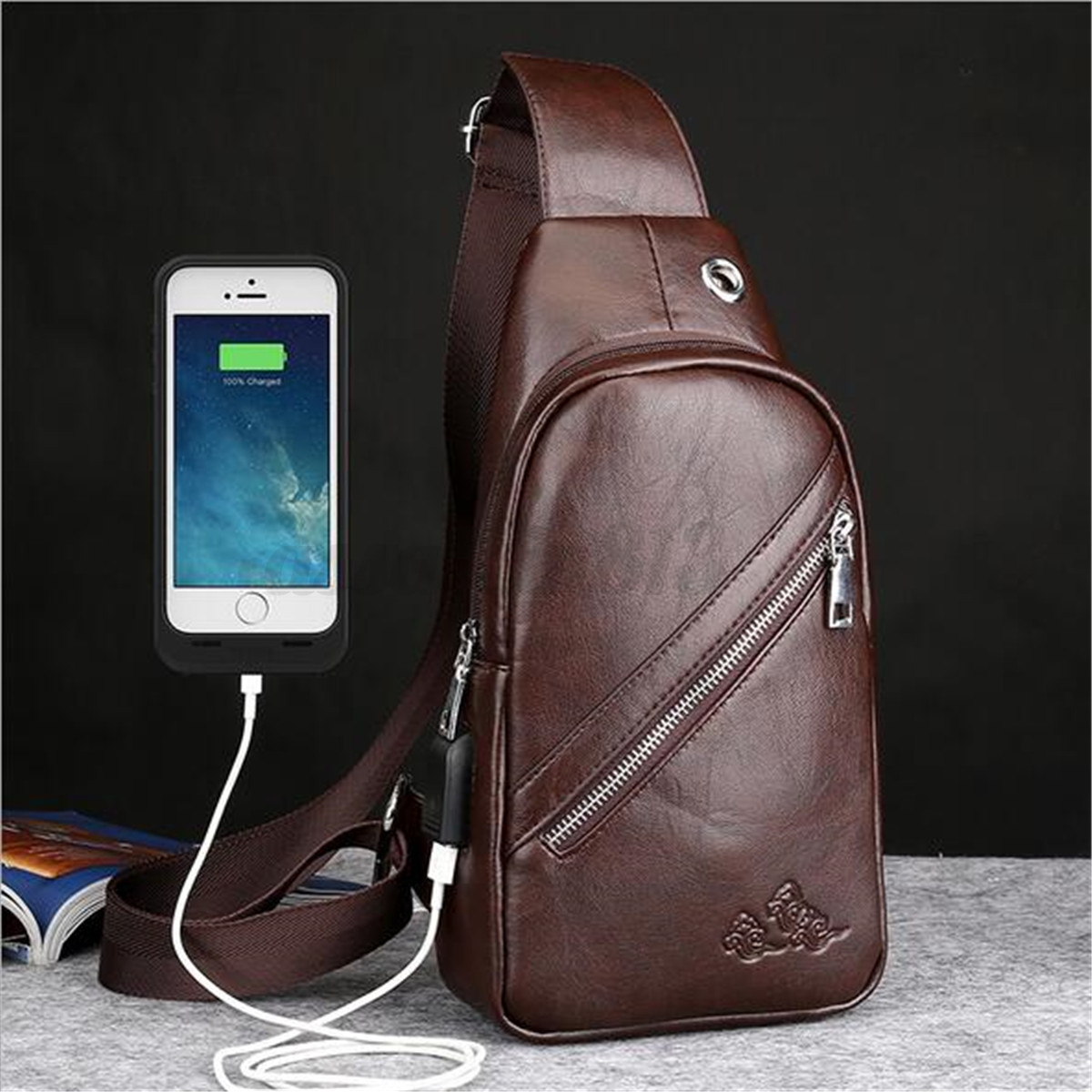 Men Leather Chest Pack Travel USB Charging Casual Shoulder Sling Crossbody Bag | eBay