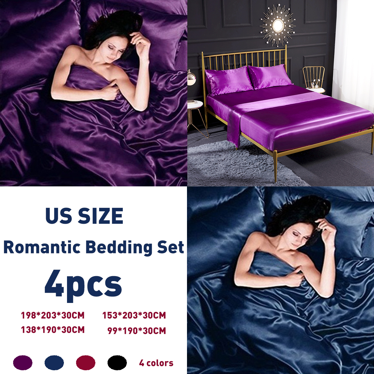 Details About 4pcs Fashion Bedroom Decor Bedding Set Romantic Purple Luxury Satin Soft Bed Set