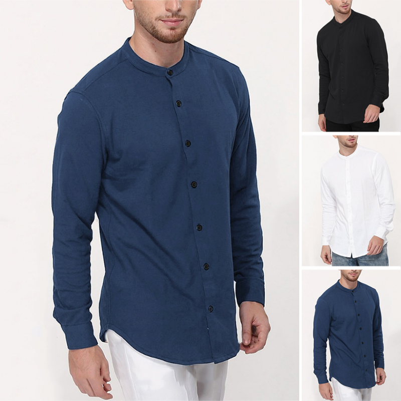 mens collarless linen shirts