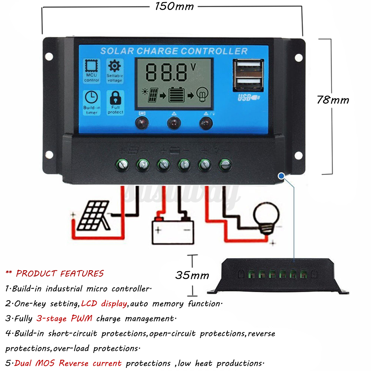 LCD Solar Panel Battery Regulator Charge Controller Dual USB 10/20/30A